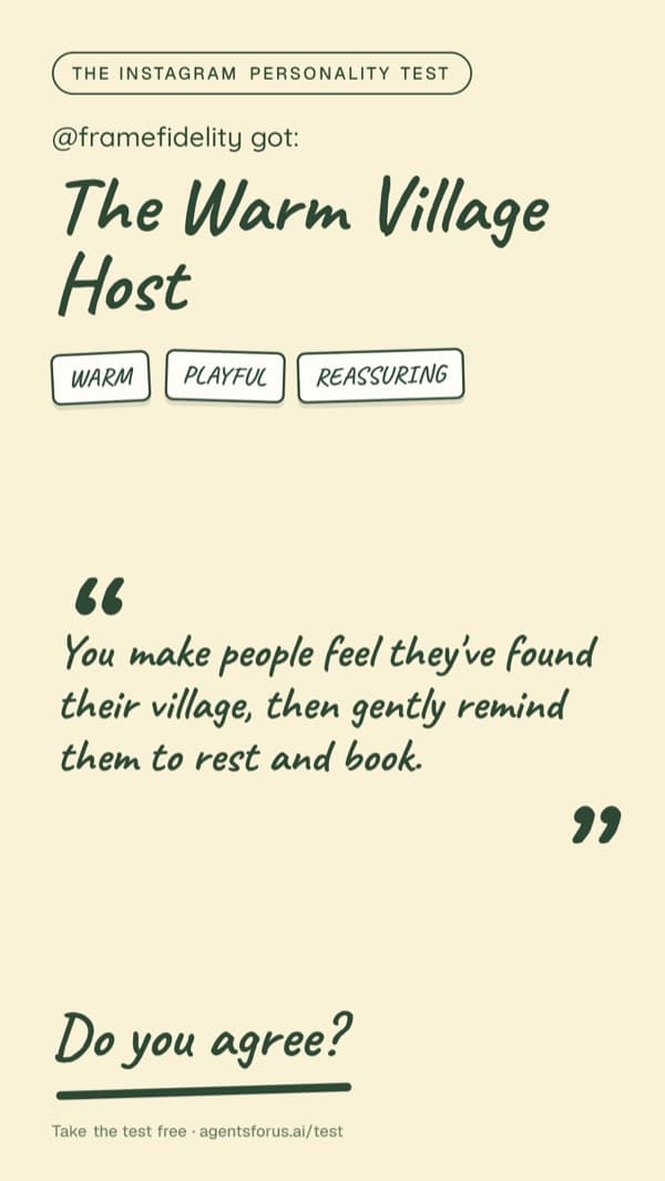@framefidelity's Instagram personality: The Warm Village Host