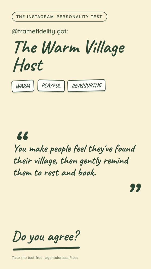 What it learned about @framefidelity: The Warm Village Host. Warm, playful, reassuring.